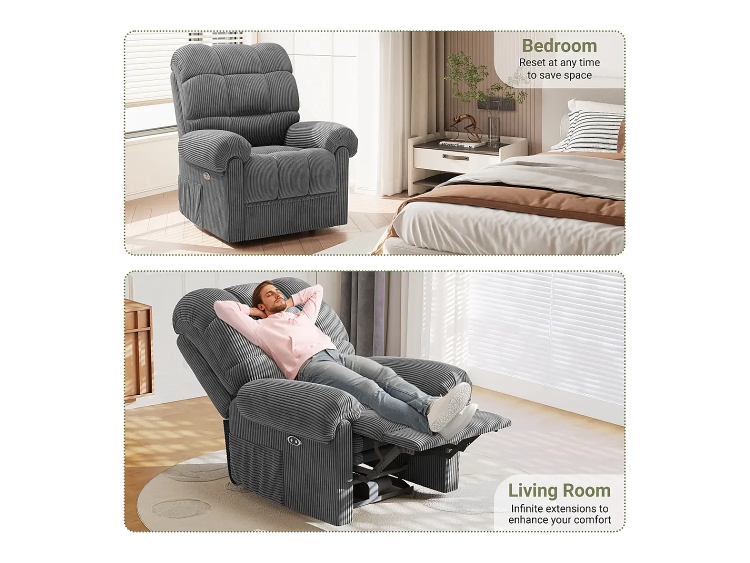 Poltrona|DripeX Relaxe a cadeira de veludo elétrica da poltrona, com USB, encosto ajustável, anti -estático com apoio para os pés - 96x97x104cm cinza cinza Cinzento