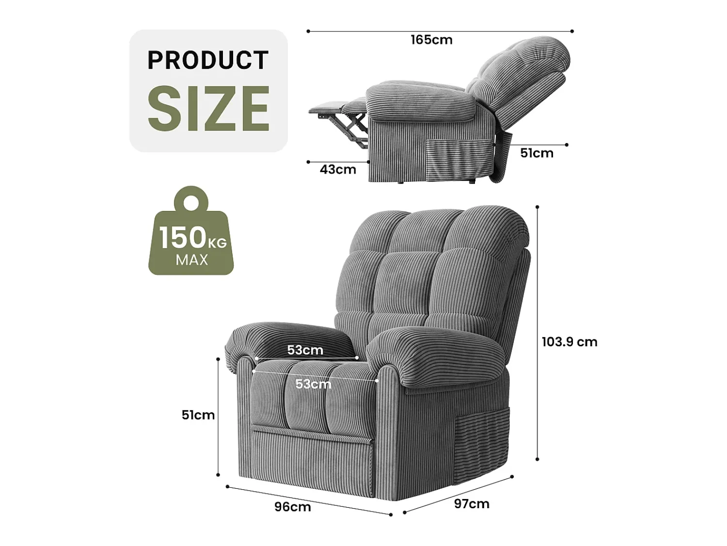 Poltrona|DripeX Relaxe a cadeira de veludo elétrica da poltrona, com USB, encosto ajustável, anti -estático com apoio para os pés - 96x97x104cm cinza cinza Cinzento