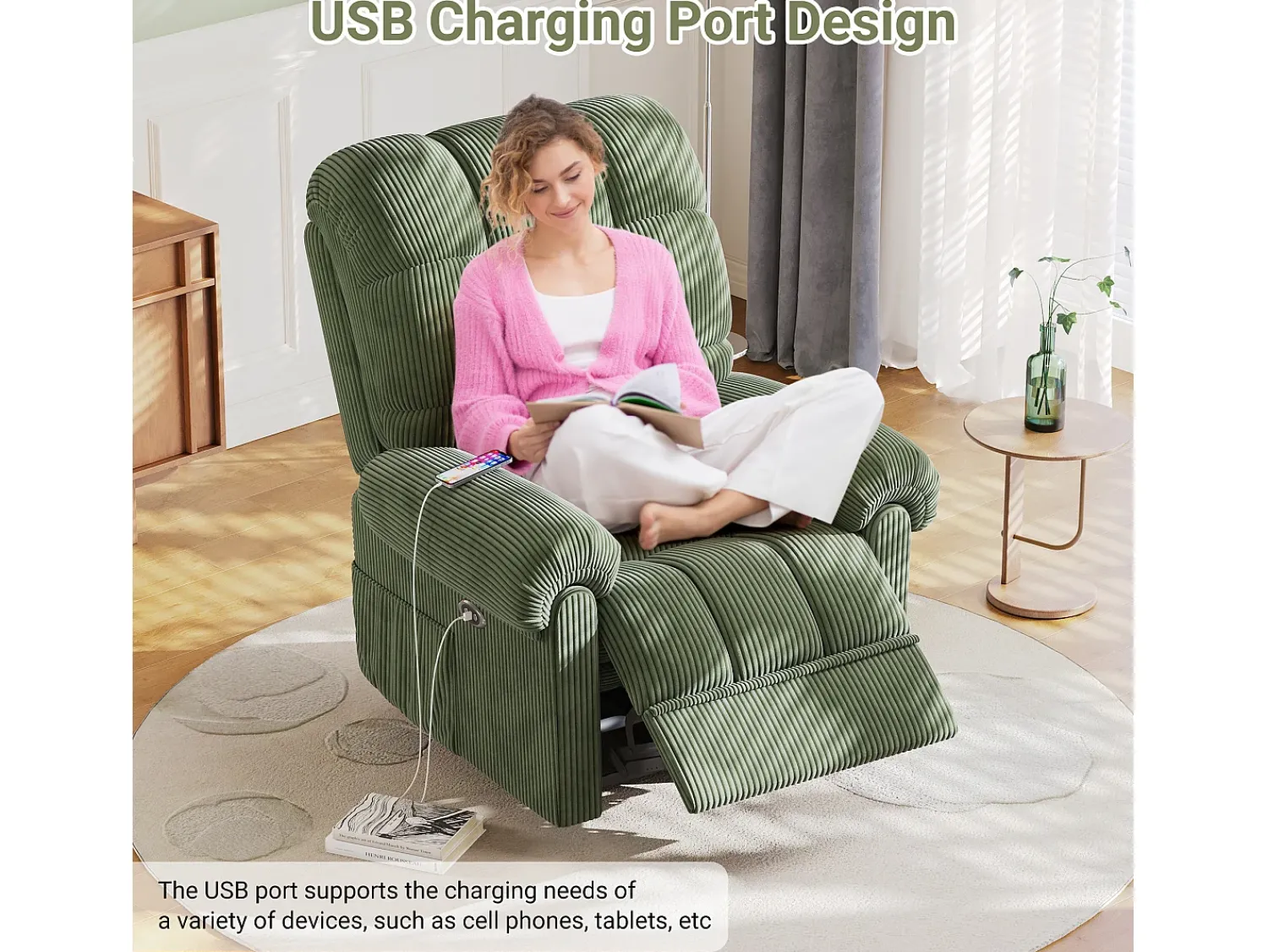 DripeX Relaxe a poltrona elétrica de poltrona, cadeira de lazer ajustável com USB, encosto ajustável, anti -estático com apoio para os pés - 96x97x104cm Verde