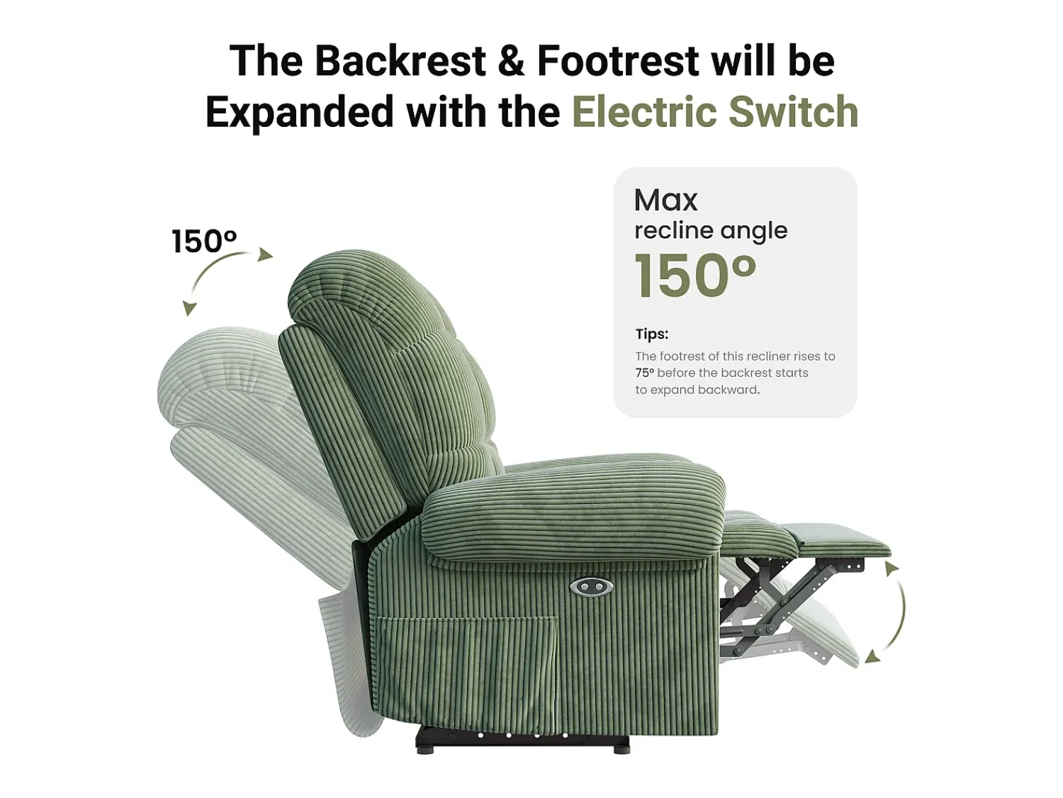 DripeX Relaxe a poltrona elétrica de poltrona, cadeira de lazer ajustável com USB, encosto ajustável, anti -estático com apoio para os pés - 96x97x104cm Verde