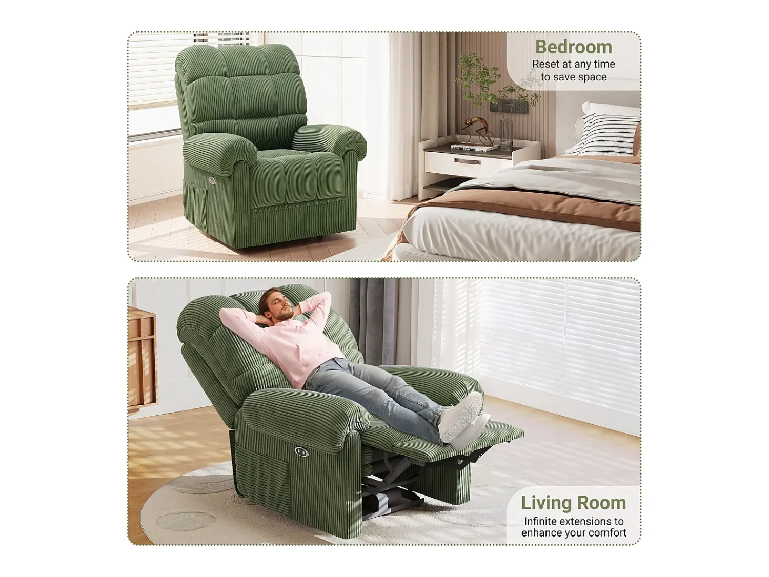 DripeX Relaxe a poltrona elétrica de poltrona, cadeira de lazer ajustável com USB, encosto ajustável, anti -estático com apoio para os pés - 96x97x104cm Verde