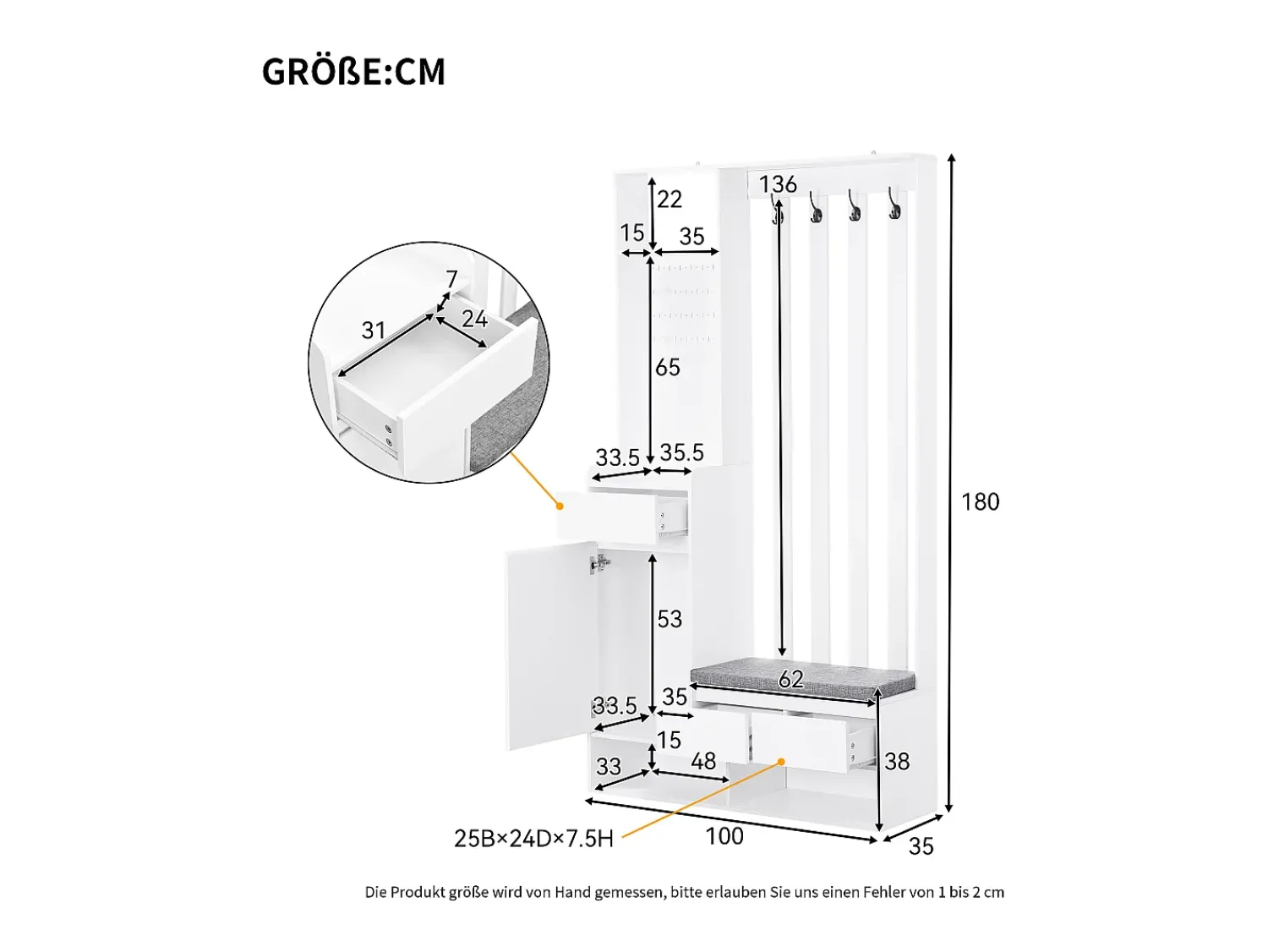 Móvel De Entrada|Hauss Spole Roupeiro com 3 gavetas, 1 porta, 4 ganchos e painel perfurado, 100 x 35 x 180 cm Branco