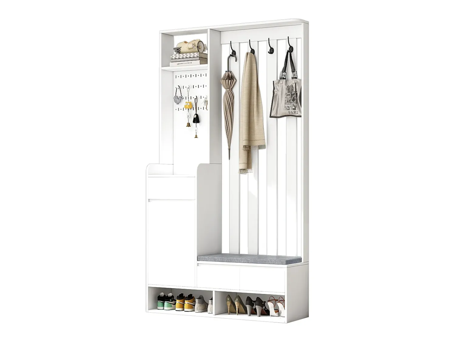 Móvel De Entrada|Hauss Spole Roupeiro com 3 gavetas, 1 porta, 4 ganchos e painel perfurado, 100 x 35 x 180 cm Branco