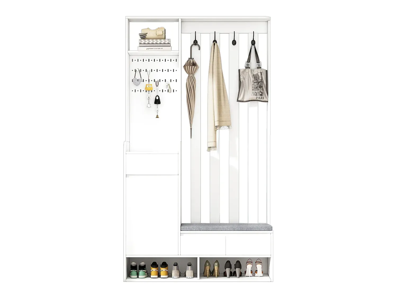 Móvel De Entrada|Hauss Spole Roupeiro com 3 gavetas, 1 porta, 4 ganchos e painel perfurado, 100 x 35 x 180 cm Branco