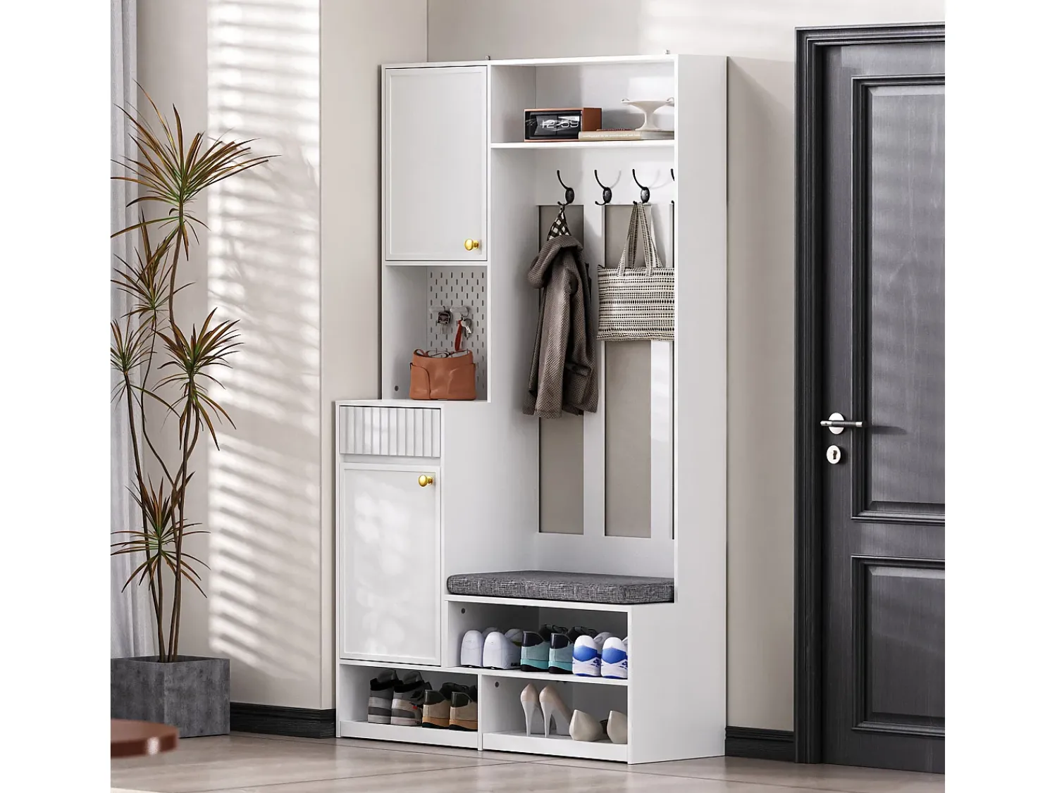 Outlet Hauss Spole Roupeiro com 2 portas, 1 gaveta, 4 ganchos e 1 banco, 100x30x180cm Branco
