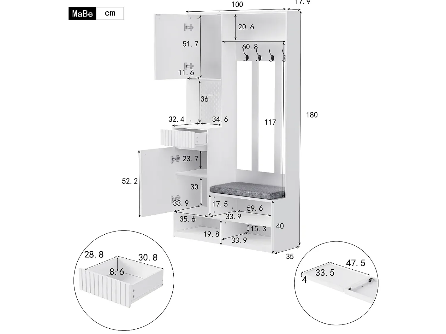 Outlet Hauss Spole Roupeiro com 2 portas, 1 gaveta, 4 ganchos e 1 banco, 100x30x180cm Branco