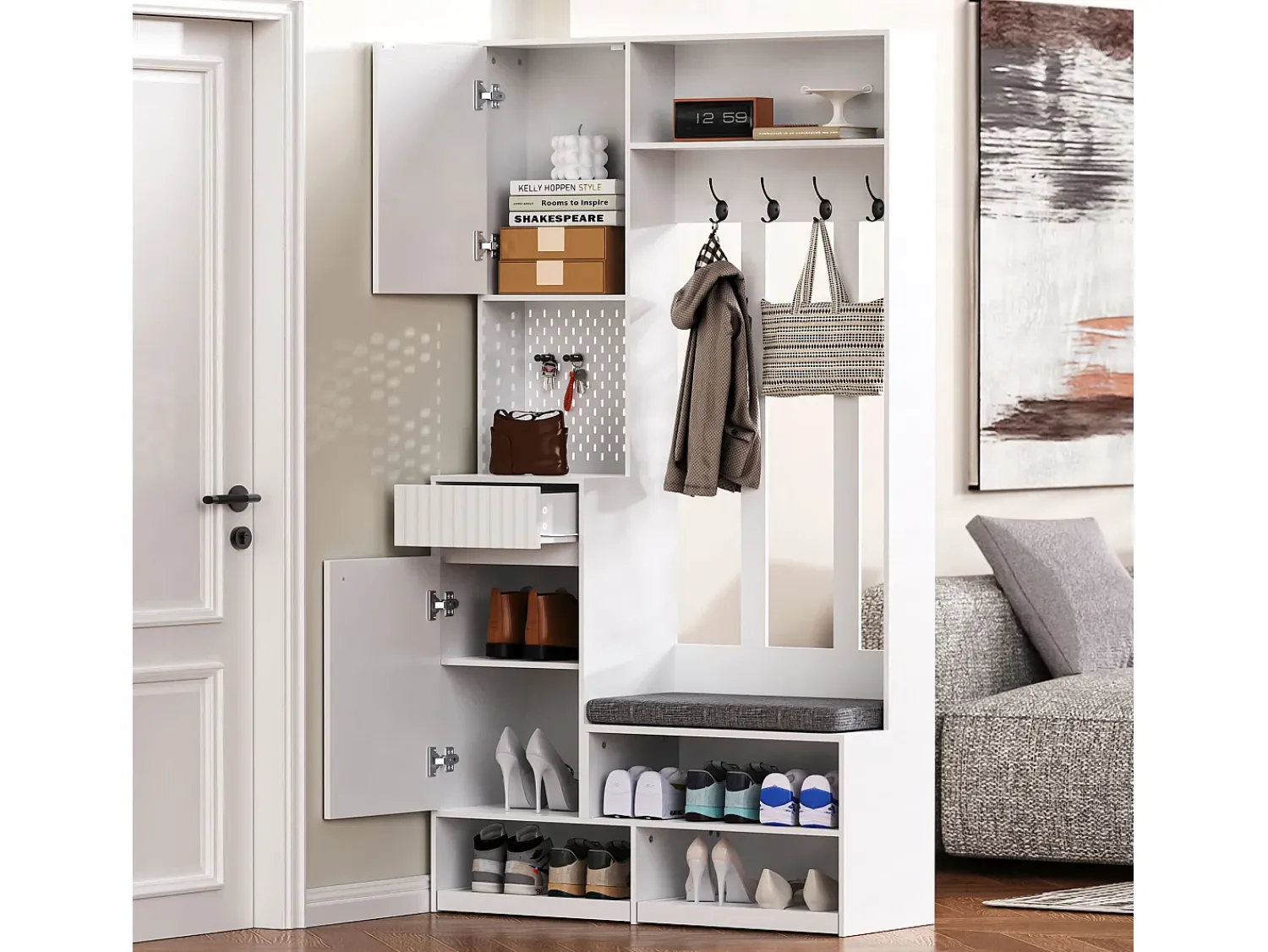 Outlet Hauss Spole Roupeiro com 2 portas, 1 gaveta, 4 ganchos e 1 banco, 100x30x180cm Branco