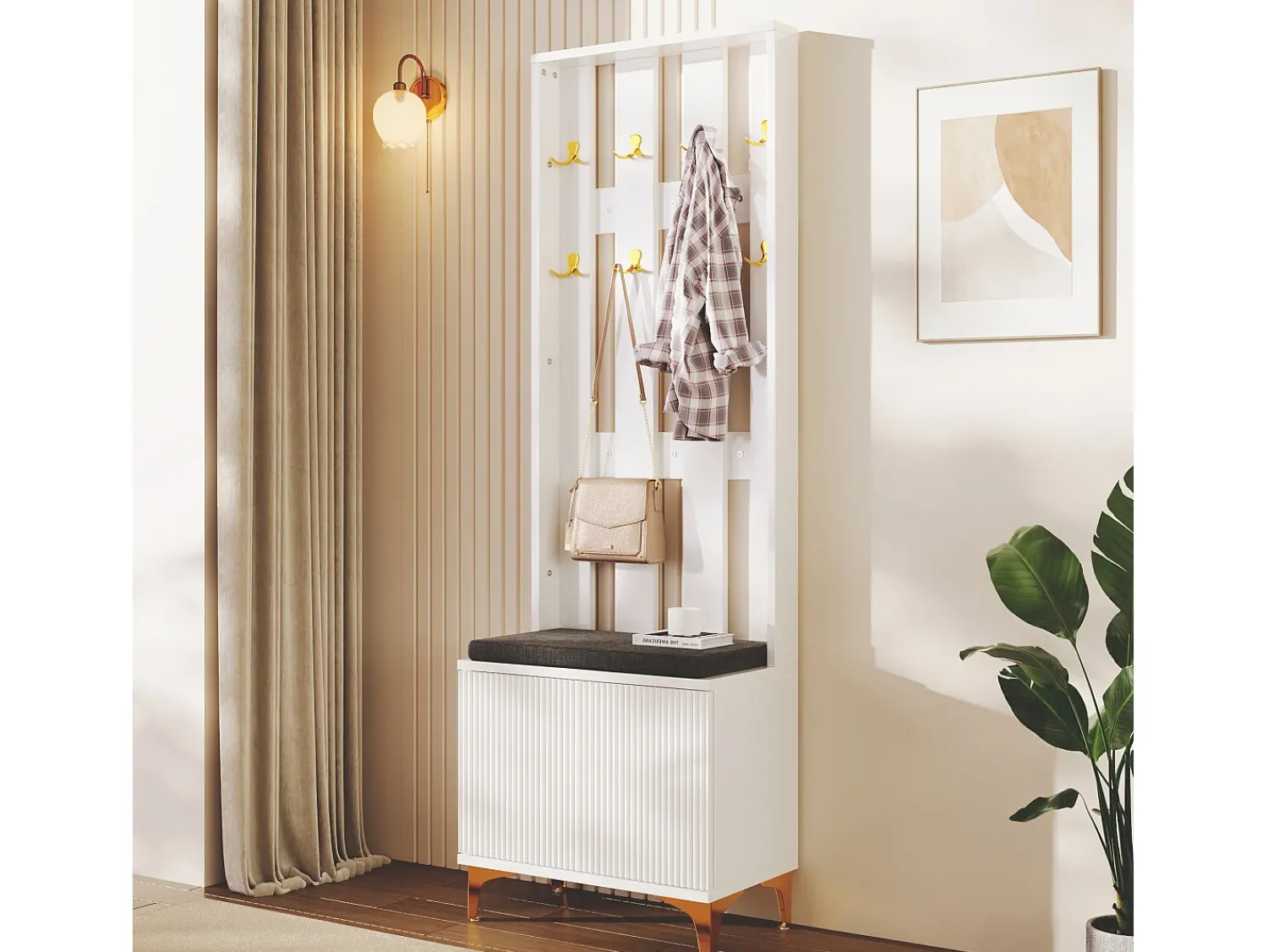 Móvel De Entrada|Hauss Spole Roupeiro com 2 portas, sapateira e almofada, ganchos, pés dourados 60,5x35,2x180,5cm Branco