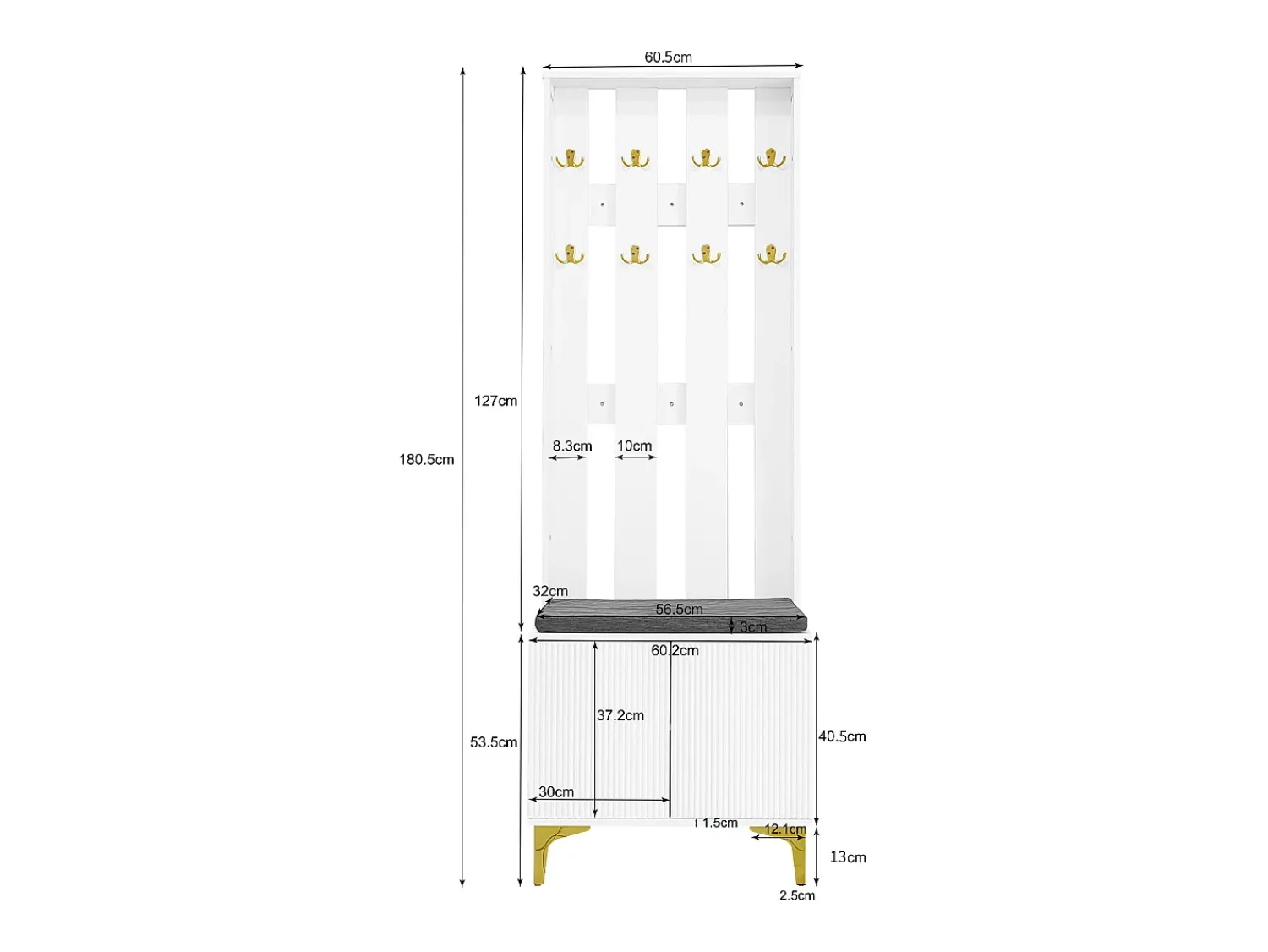 Móvel De Entrada|Hauss Spole Roupeiro com 2 portas, sapateira e almofada, ganchos, pés dourados 60,5x35,2x180,5cm Branco