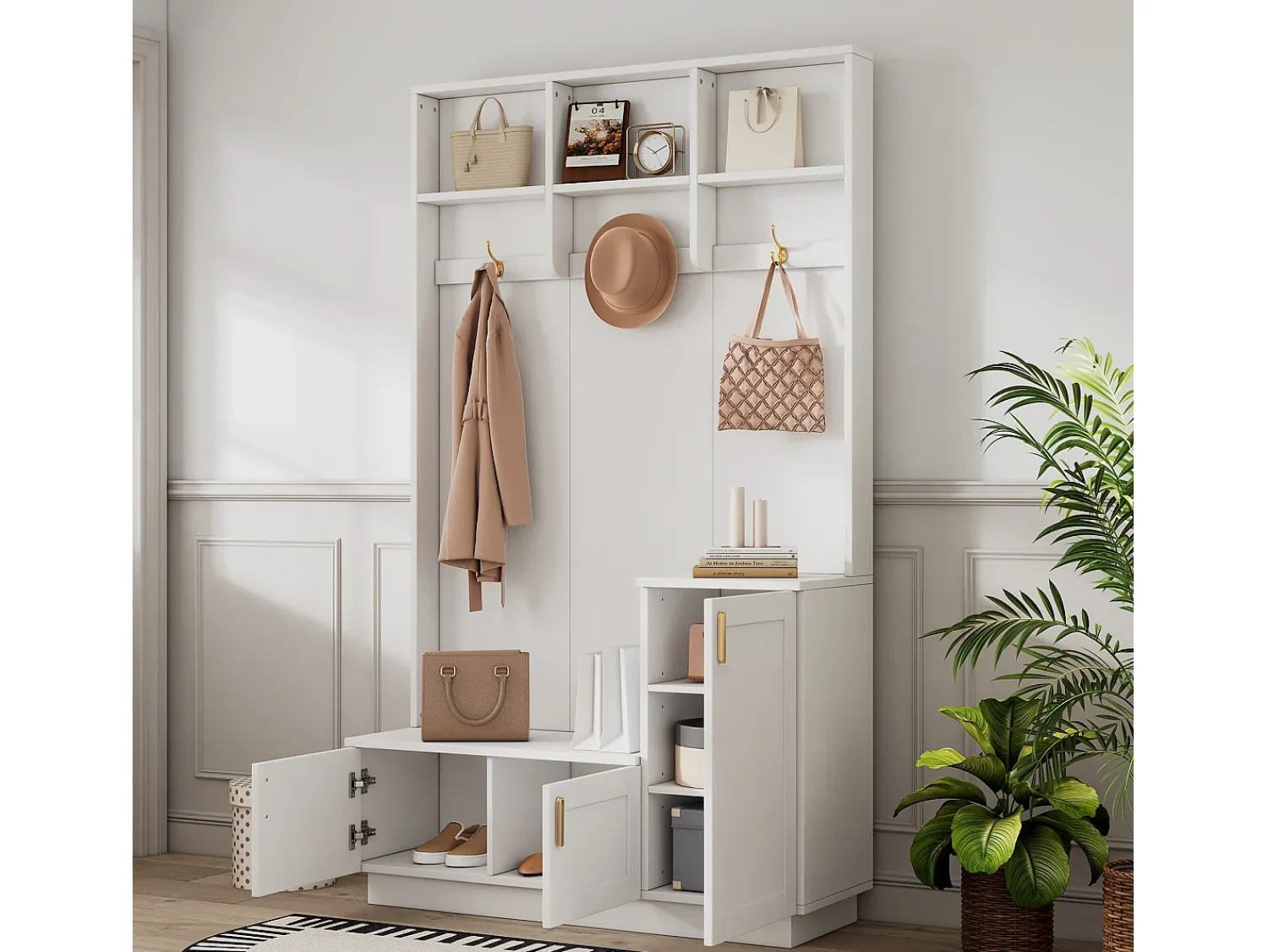 Móvel De Entrada*Hauss Spole Roupeiro com 3 portas, 3 ganchos e arrumação aberta, 120x40x200 cm Branco