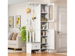 Móvel De Entrada|Hauss Spole Roupeiro com 2 portas, gaveta, ganchos e banco, porta de vidro 85x33,5x200cm Branco