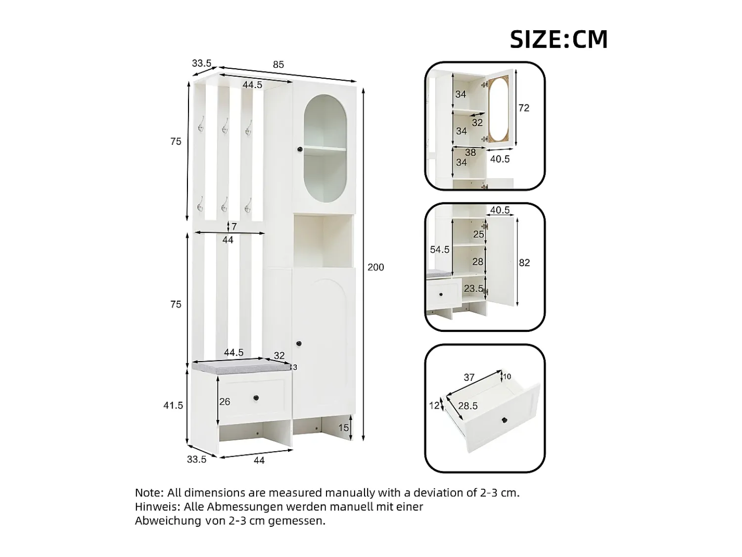 Móvel De Entrada|Hauss Spole Roupeiro com 2 portas, gaveta, ganchos e banco, porta de vidro 85x33,5x200cm Branco