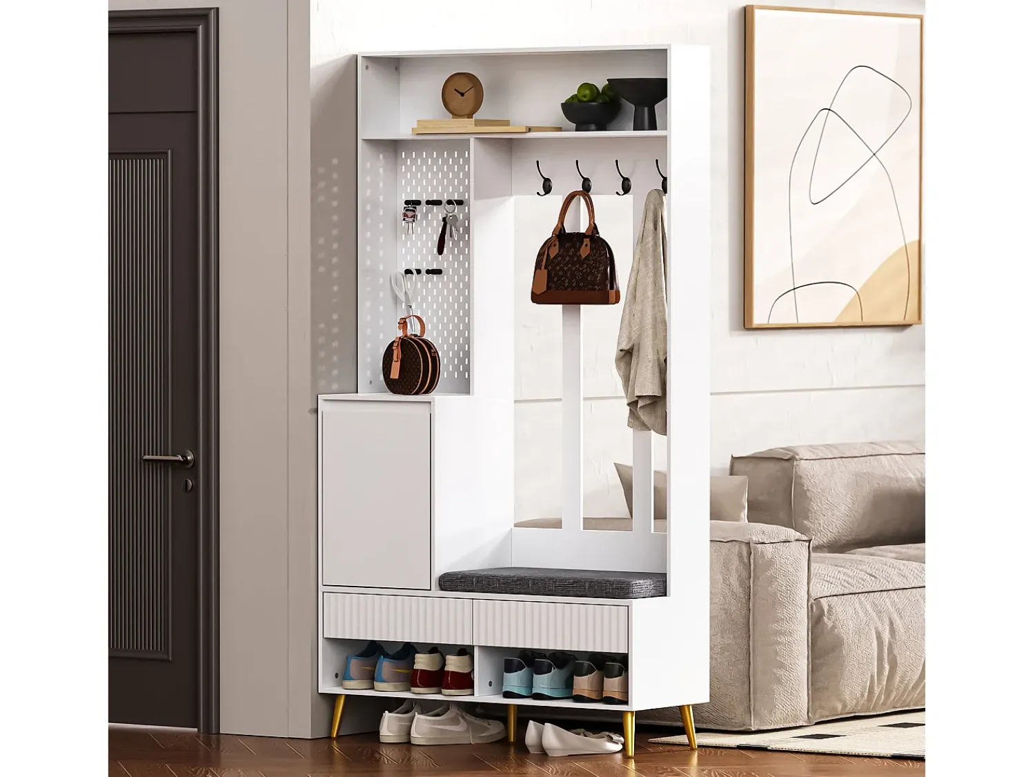 Móvel De Entrada*Hauss Spole Roupeiro com 1 porta, 2 gavetas, 4 ganchos e 1 banco 100 x 35 x 180 cm Branco