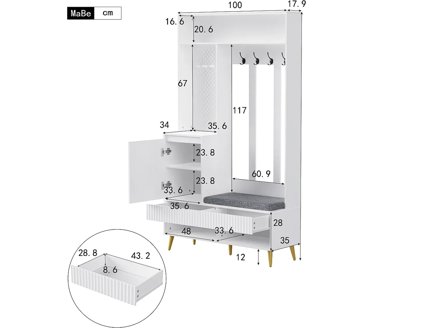 Móvel De Entrada*Hauss Spole Roupeiro com 1 porta, 2 gavetas, 4 ganchos e 1 banco 100 x 35 x 180 cm Branco