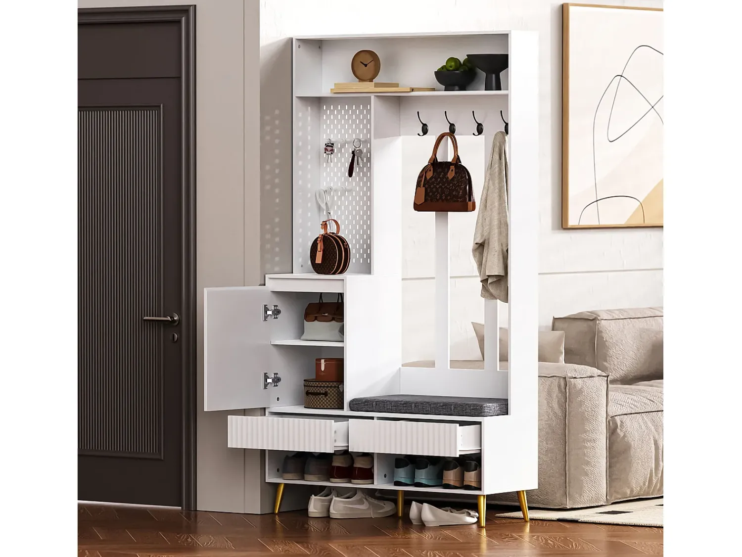 Móvel De Entrada*Hauss Spole Roupeiro com 1 porta, 2 gavetas, 4 ganchos e 1 banco 100 x 35 x 180 cm Branco