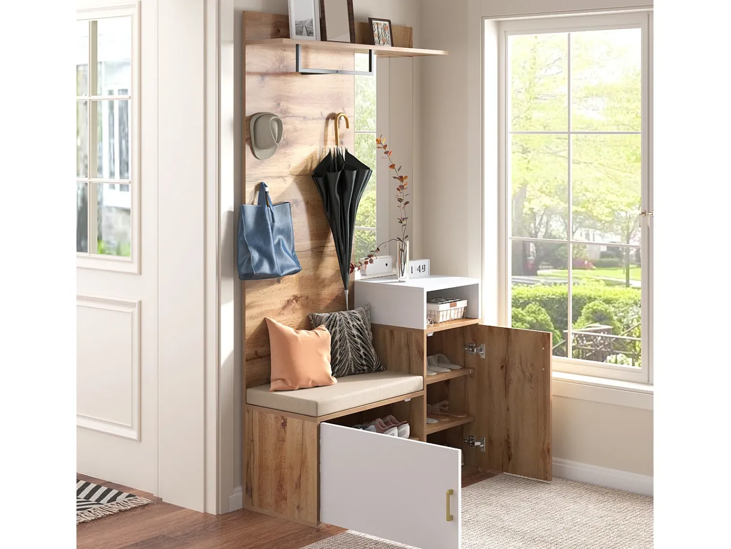 Hauss Spole Roupeiro branco e madeira com espelho, 2 portas, banco e 4 ganchos 105x40x190,5cm^ Móvel De Entrada