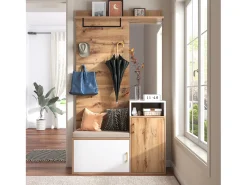 Hauss Spole Roupeiro branco e madeira com espelho, 2 portas, banco e 4 ganchos 105x40x190,5cm^ Móvel De Entrada