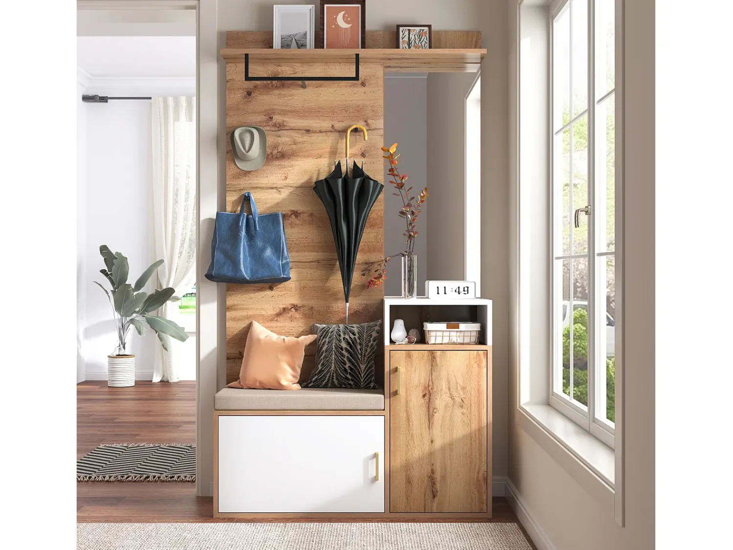 Hauss Spole Roupeiro branco e madeira com espelho, 2 portas, banco e 4 ganchos 105x40x190,5cm^ Móvel De Entrada