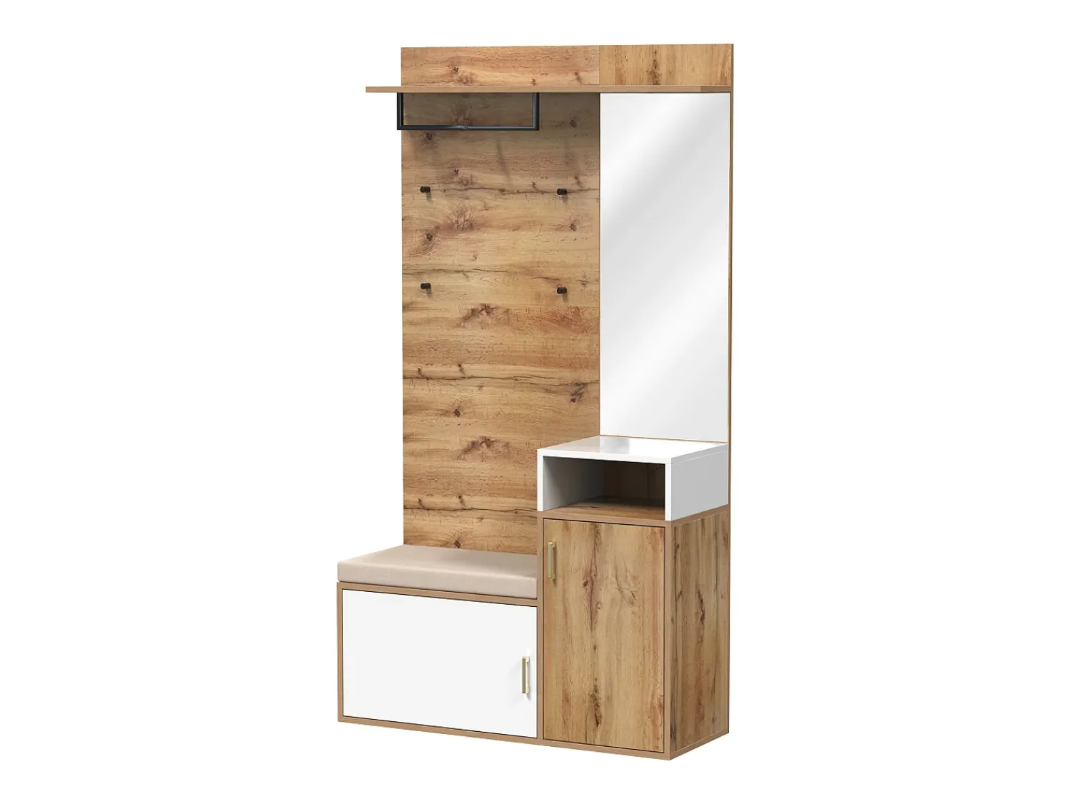 Hauss Spole Roupeiro branco e madeira com espelho, 2 portas, banco e 4 ganchos 105x40x190,5cm^ Móvel De Entrada