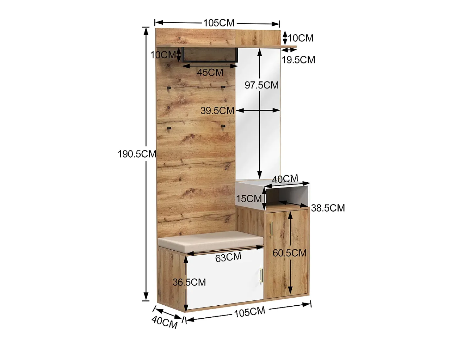 Hauss Spole Roupeiro branco e madeira com espelho, 2 portas, banco e 4 ganchos 105x40x190,5cm^ Móvel De Entrada
