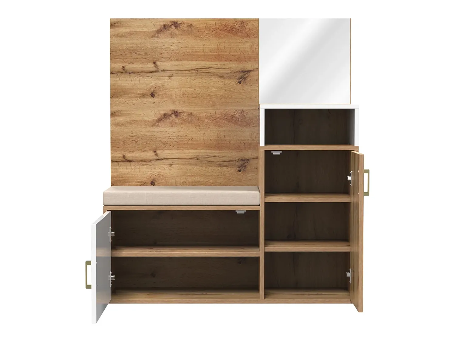 Hauss Spole Roupeiro branco e madeira com espelho, 2 portas, banco e 4 ganchos 105x40x190,5cm^ Móvel De Entrada