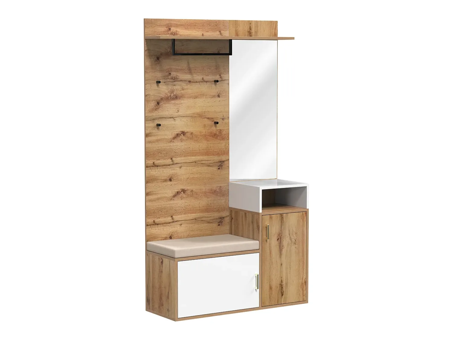 Hauss Spole Roupeiro branco e madeira com espelho, 2 portas, banco e 4 ganchos 105x40x190,5cm^ Móvel De Entrada