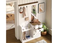 New Hauss Spole Roupeiro e madeira com espelho, 2 gavetas, 1 porta, ganchos e suporte para guarda-chuva 110,5x38x191cm Branco