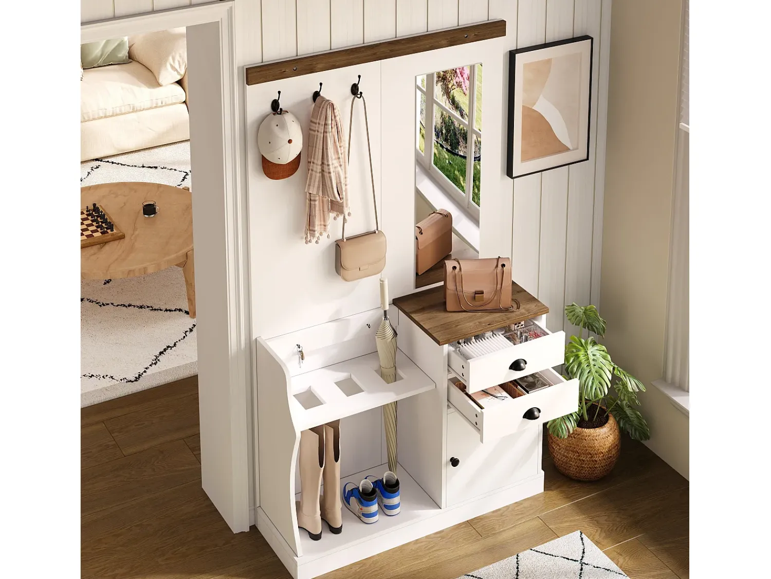New Hauss Spole Roupeiro e madeira com espelho, 2 gavetas, 1 porta, ganchos e suporte para guarda-chuva 110,5x38x191cm Branco