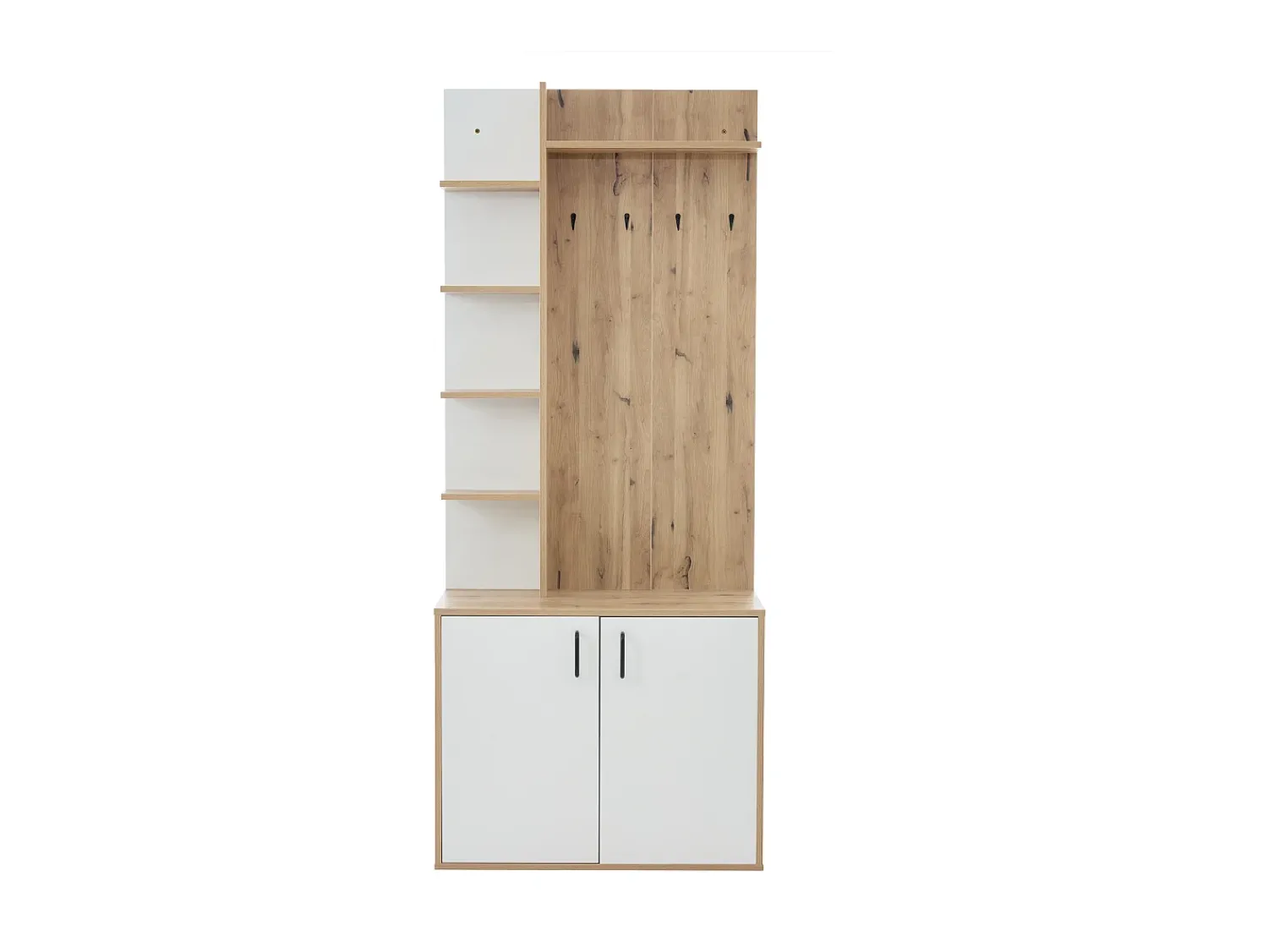 Móvel De Entrada*Hauss Spole Roupeiro branco e natural com 2 portas, 5 prateleiras e ganchos, tampo em madeira granulada 75x33x180cm Natural claro