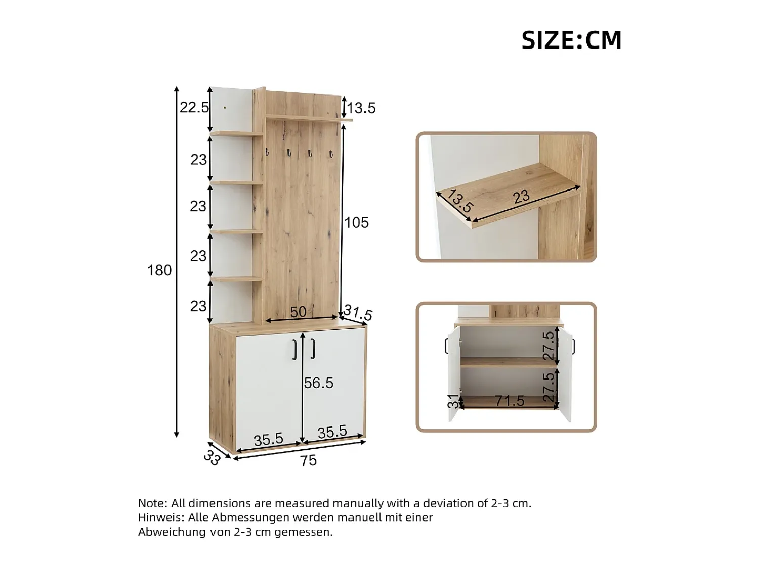 Móvel De Entrada*Hauss Spole Roupeiro branco e natural com 2 portas, 5 prateleiras e ganchos, tampo em madeira granulada 75x33x180cm Natural claro