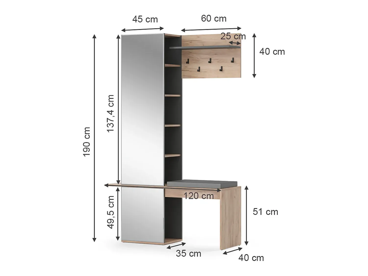 Móvel De Entrada|Vicco Roupeiro carvalho goldkraft 120x40x190 adeline Natural escuro
