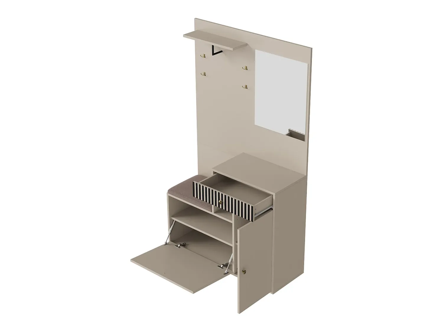 Móvel De Entrada|Hauss Spole Roupeiro com 2 portas, gaveta, espelho e almofada, material MDF 110x37x185,5 cm Bege