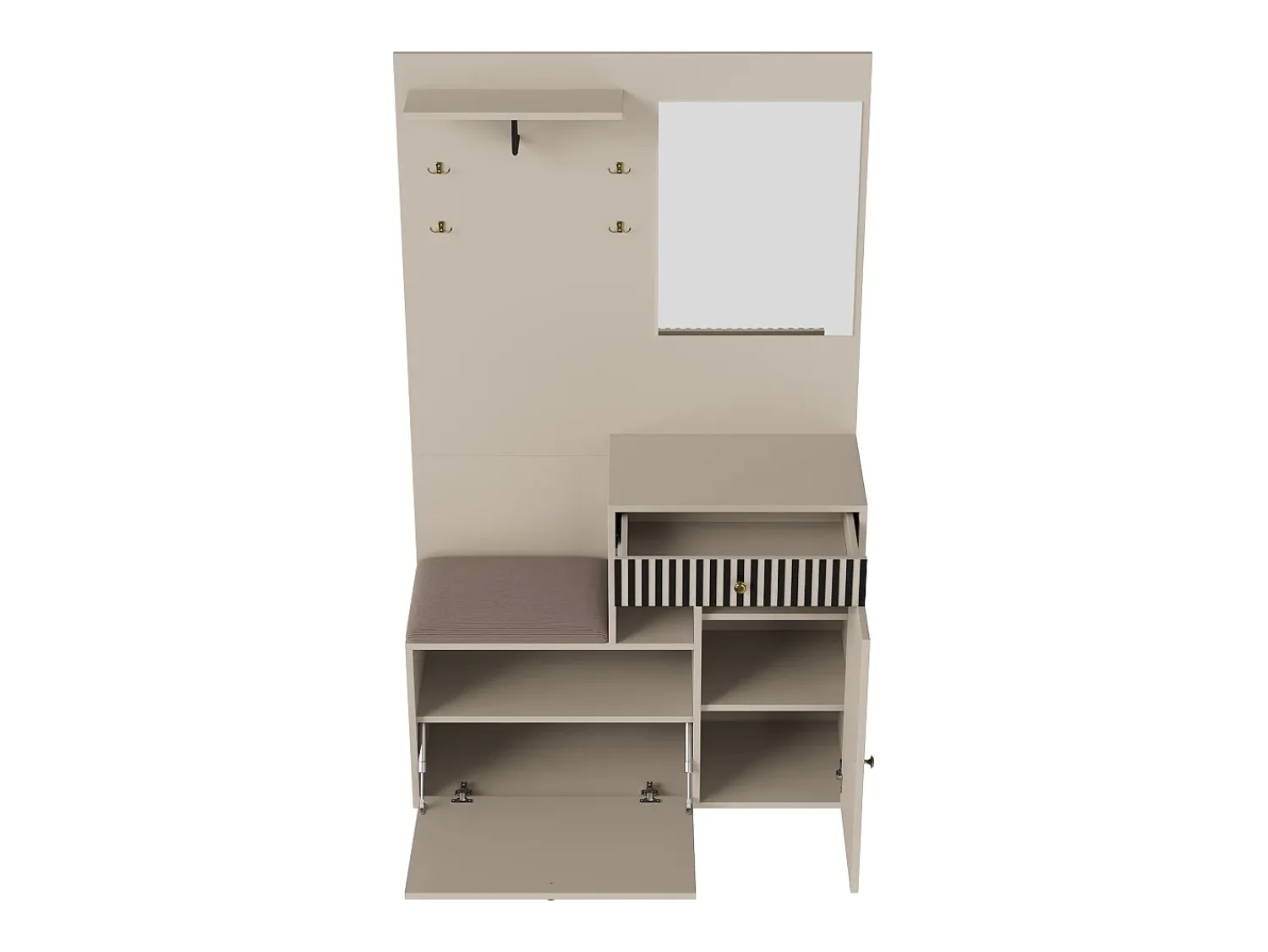 Móvel De Entrada|Hauss Spole Roupeiro com 2 portas, gaveta, espelho e almofada, material MDF 110x37x185,5 cm Bege