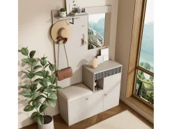 Móvel De Entrada|Hauss Spole Roupeiro com 2 portas, gaveta, espelho e almofada, material MDF 110x37x185,5 cm Bege