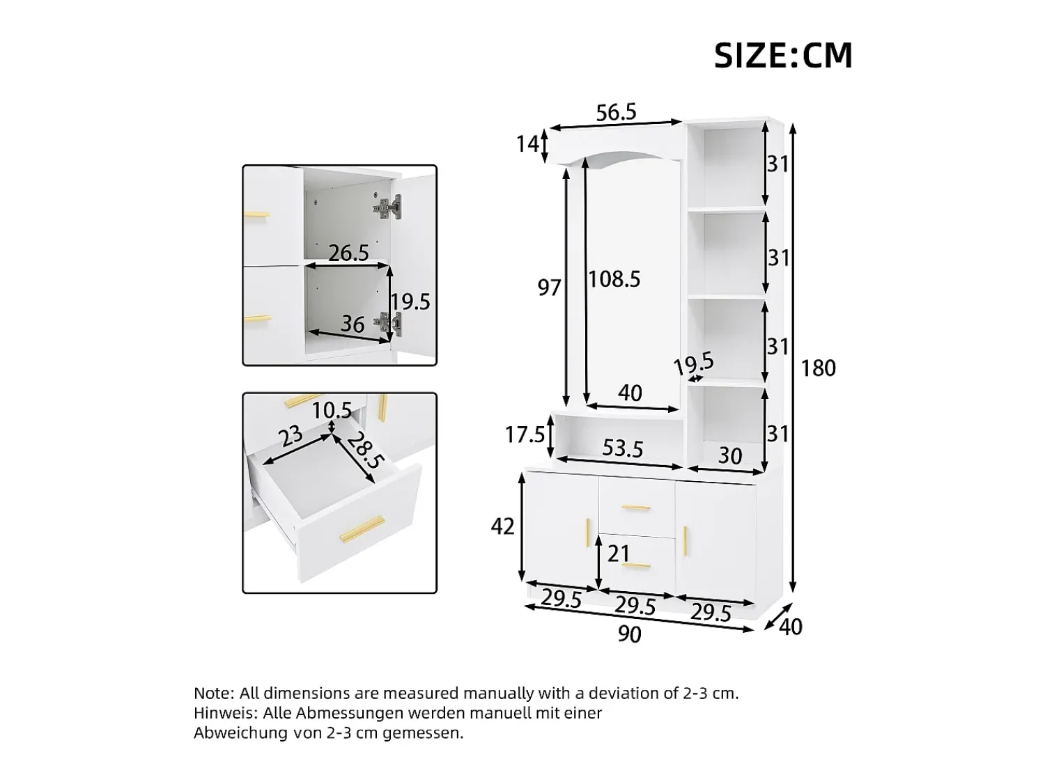 Móvel De Entrada*Hauss Spole Roupeiro com espelho, 2 gavetas e 2 portas - 90 x 40 x 180 cm Branco