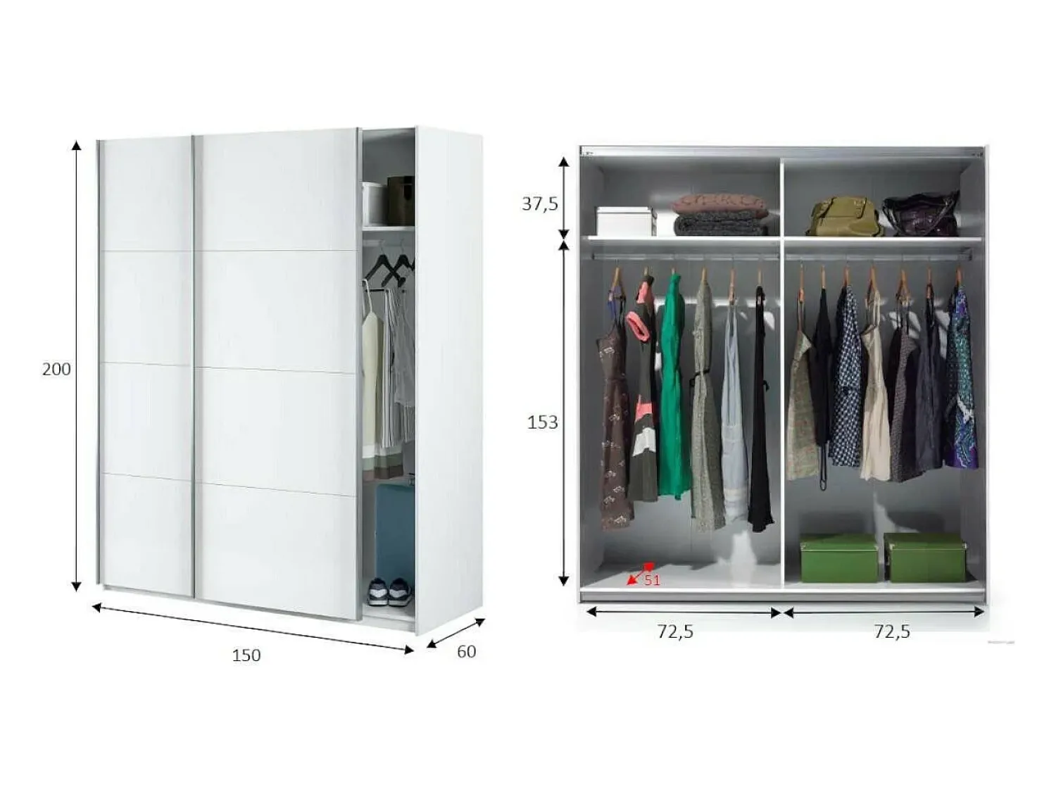 Outlet Dmora Roupeiro Dmace, Roupeiro de quarto com 2 portas de correr, Armário com varão e 2 prateleiras, 150x60h200 cm, Branco