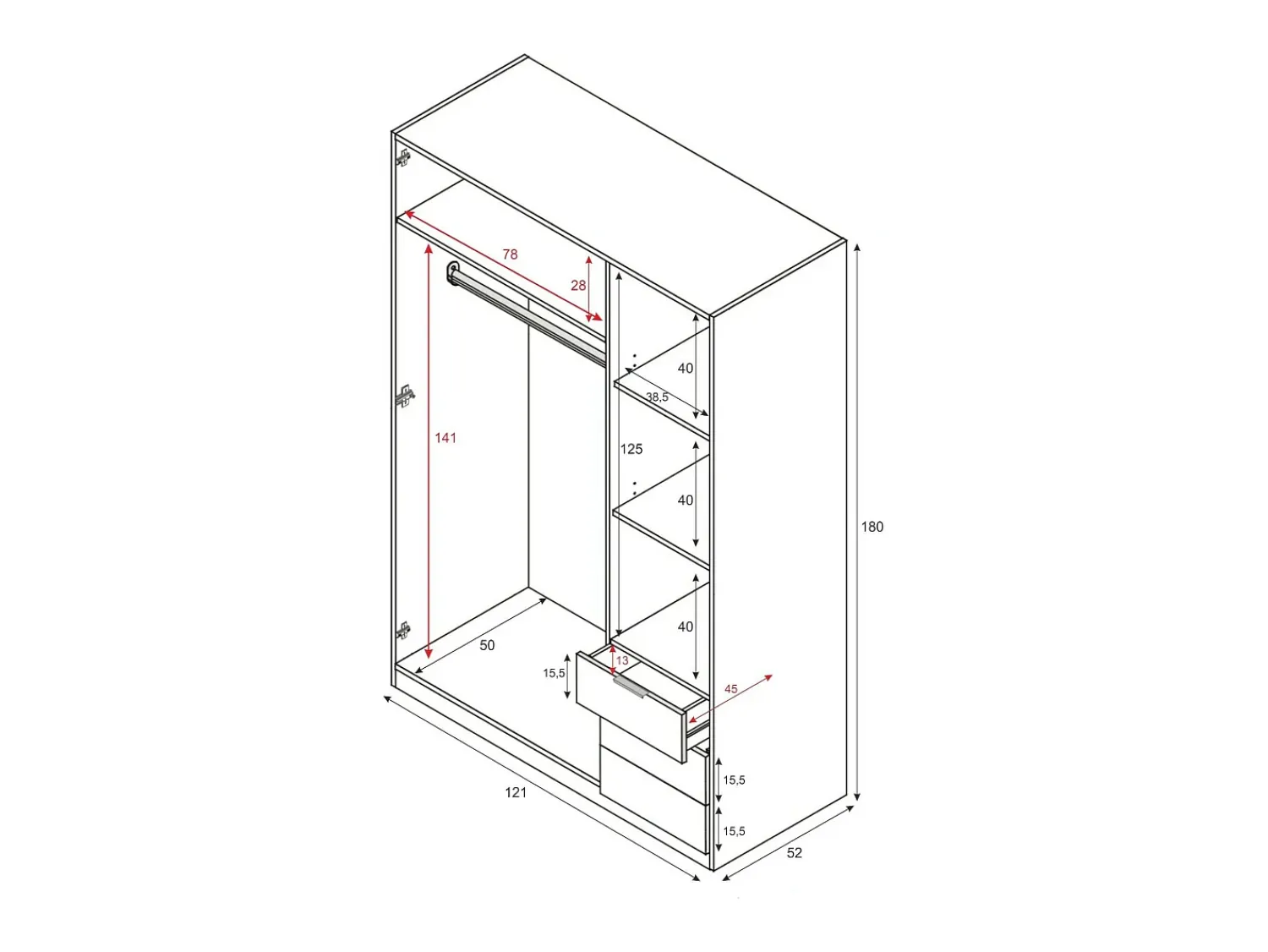 Móvel De Entrada*Dmora Roupeiro Dnespol, Roupeiro de quarto com 3 portas e 3 gavetas, Armário com 3 prateleiras e varão, 121x52h180 cm, Carvalho Castanho