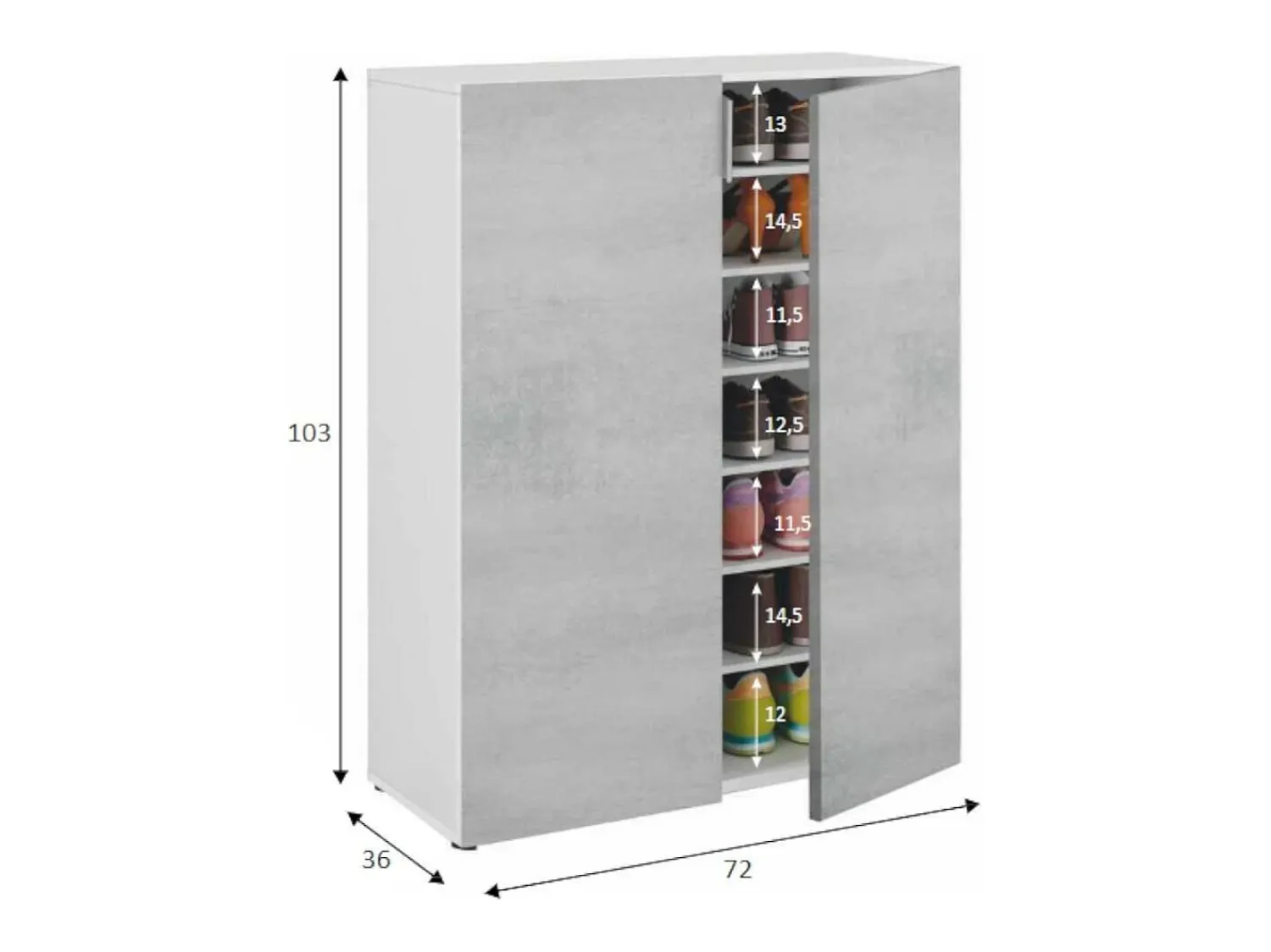 Móvel De Arrumação|Sapateira*Dmora Roupeiro multiusos Dlel, Armário auxiliar com 2 portas, Sapateira baixa com 6 prateleiras, Sapateira baixa, 70x36h103 cm, Cimento e Branco Cinzento