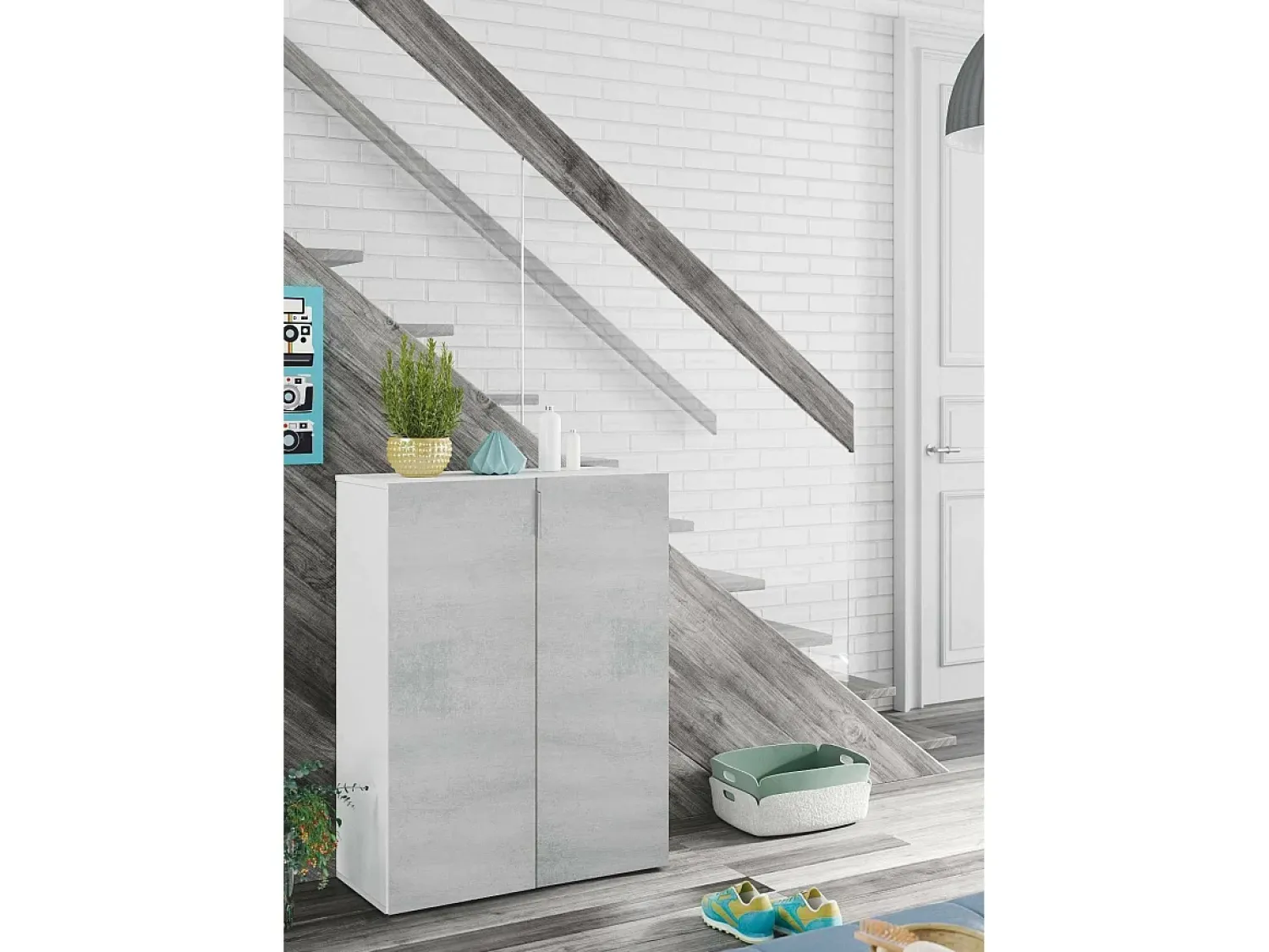 Móvel De Arrumação|Sapateira*Dmora Roupeiro multiusos Dlel, Armário auxiliar com 2 portas, Sapateira baixa com 6 prateleiras, Sapateira baixa, 70x36h103 cm, Cimento e Branco Cinzento