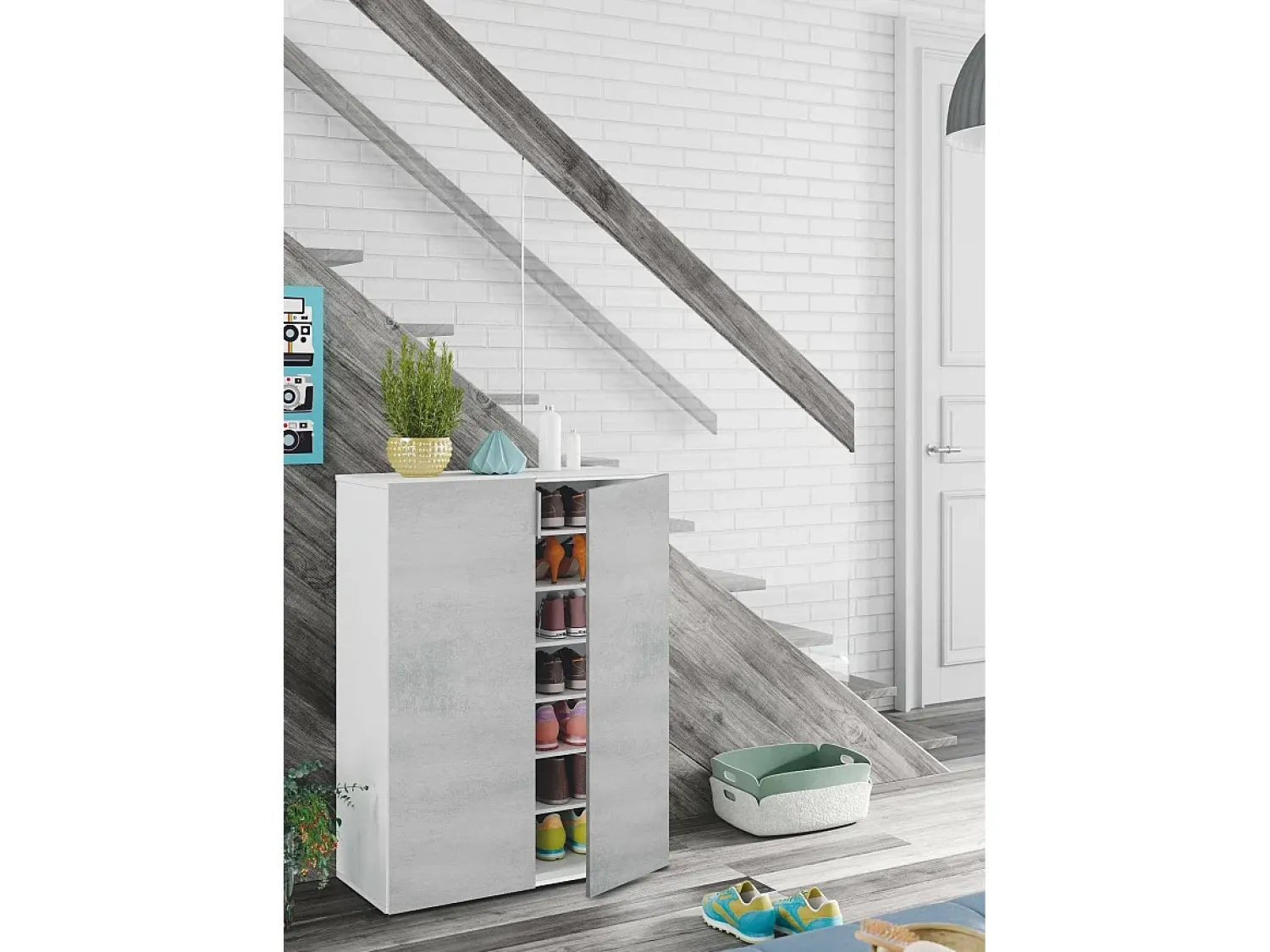 Móvel De Arrumação|Sapateira*Dmora Roupeiro multiusos Dlel, Armário auxiliar com 2 portas, Sapateira baixa com 6 prateleiras, Sapateira baixa, 70x36h103 cm, Cimento e Branco Cinzento