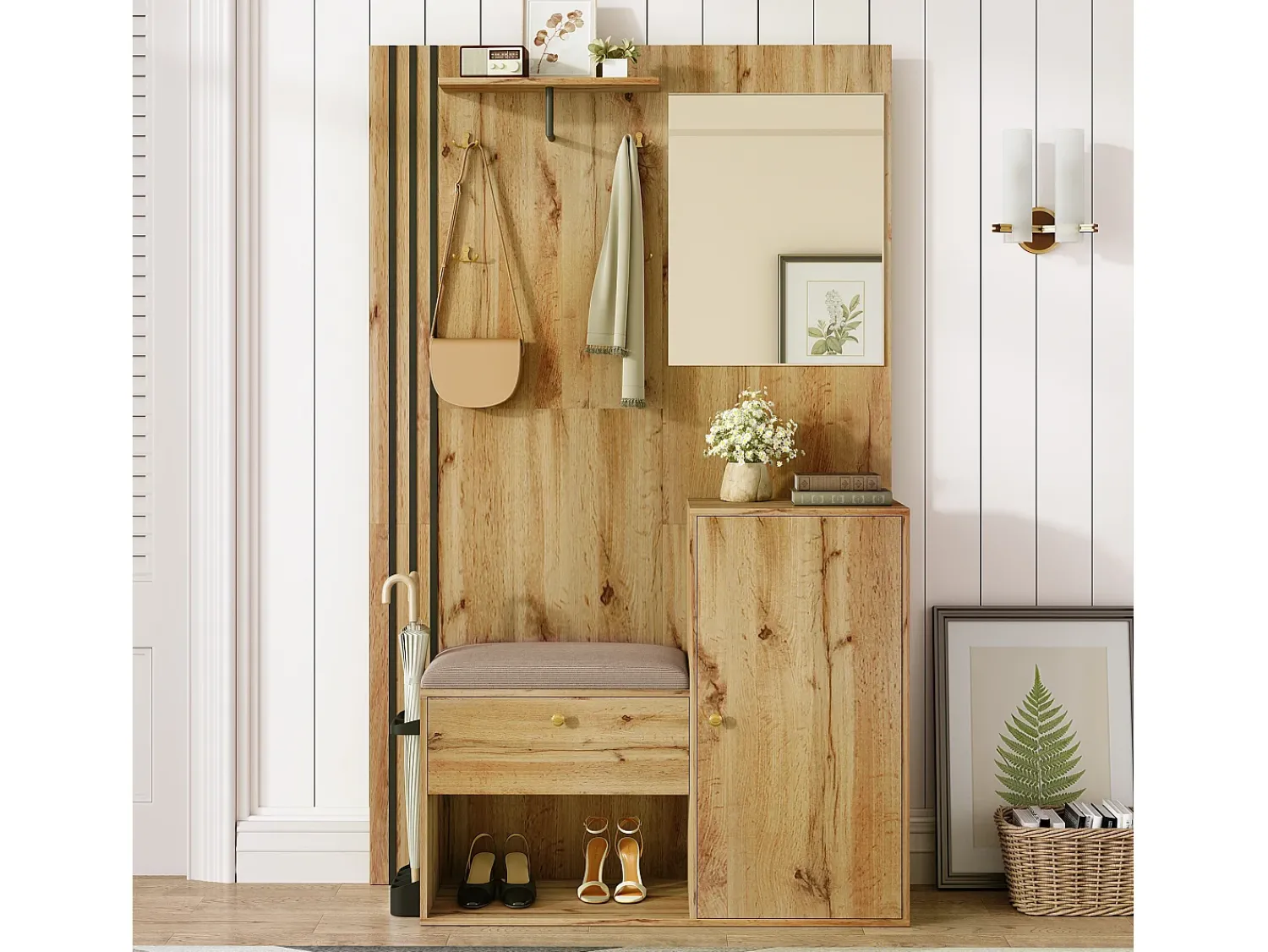 Hot Hauss Spole Roupeiro natural com 2 portas, espelho, suporte para guarda-chuvas e sapateira, multifunções 115 x 37 x 185 Natural claro