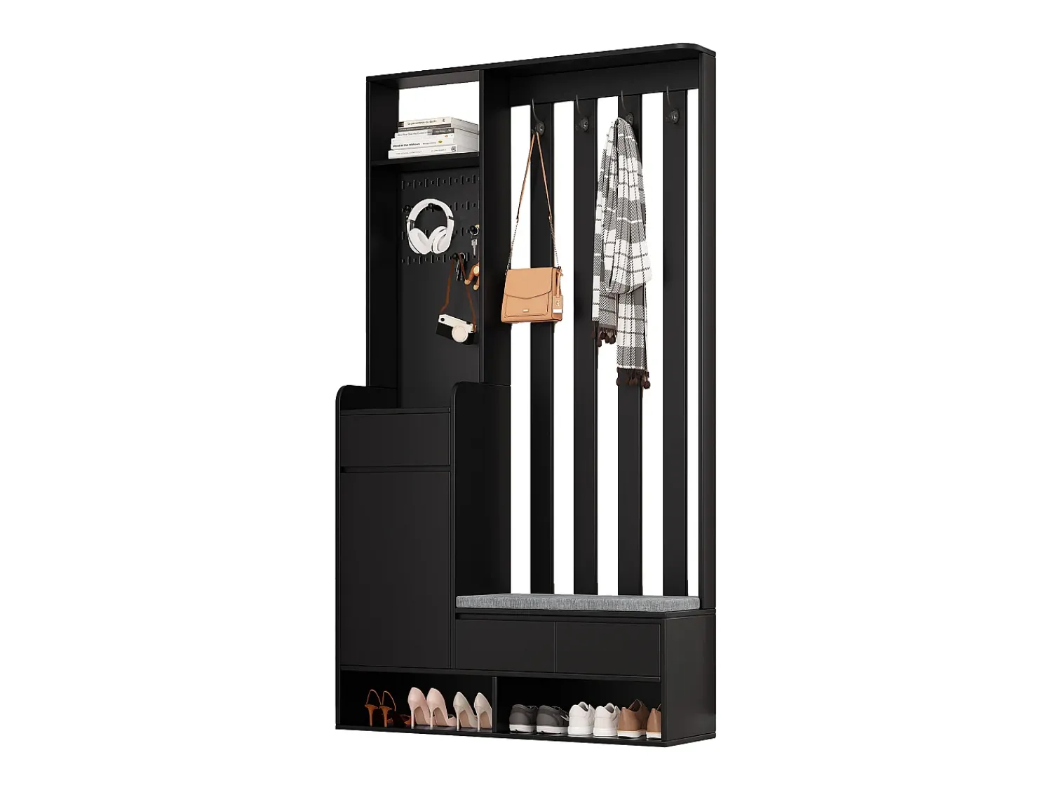 Móvel De Entrada*Hauss Spole Roupeiro com 3 gavetas, 1 porta, 4 ganchos e painel perfurado, 100 x 35 x 180 cm Preto