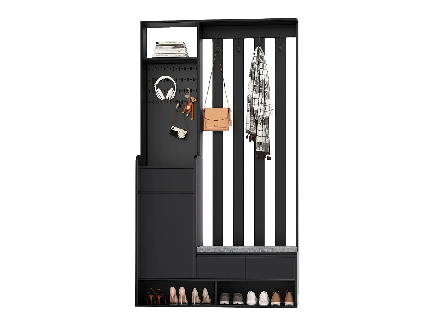 Móvel De Entrada*Hauss Spole Roupeiro com 3 gavetas, 1 porta, 4 ganchos e painel perfurado, 100 x 35 x 180 cm Preto