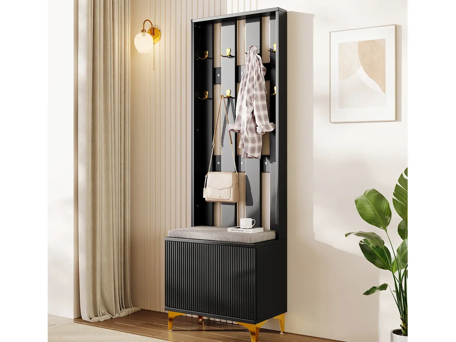 Móvel De Entrada*Hauss Spole Roupeiro com 2 portas, sapateira e almofada, ganchos, pés dourados 60,5x35,2x180,5cm Preto
