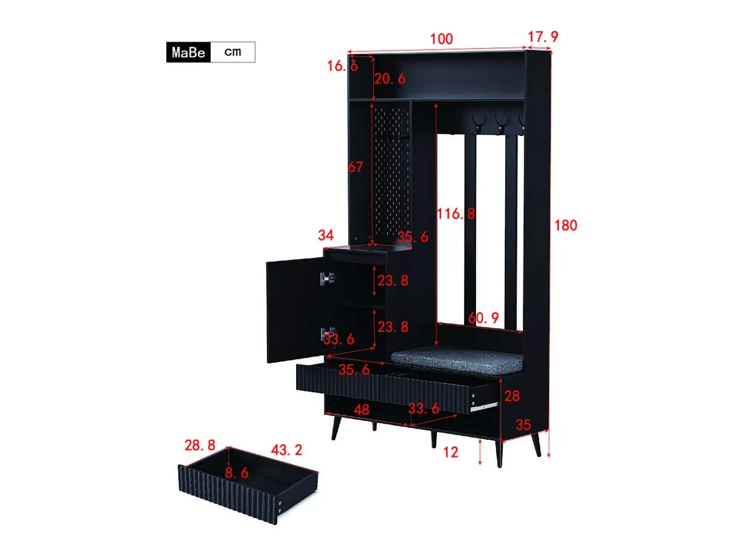 Discount Hauss Spole Roupeiro com 1 porta, 2 gavetas, 4 ganchos e 1 banco 100 x 35 x 180 cm Preto