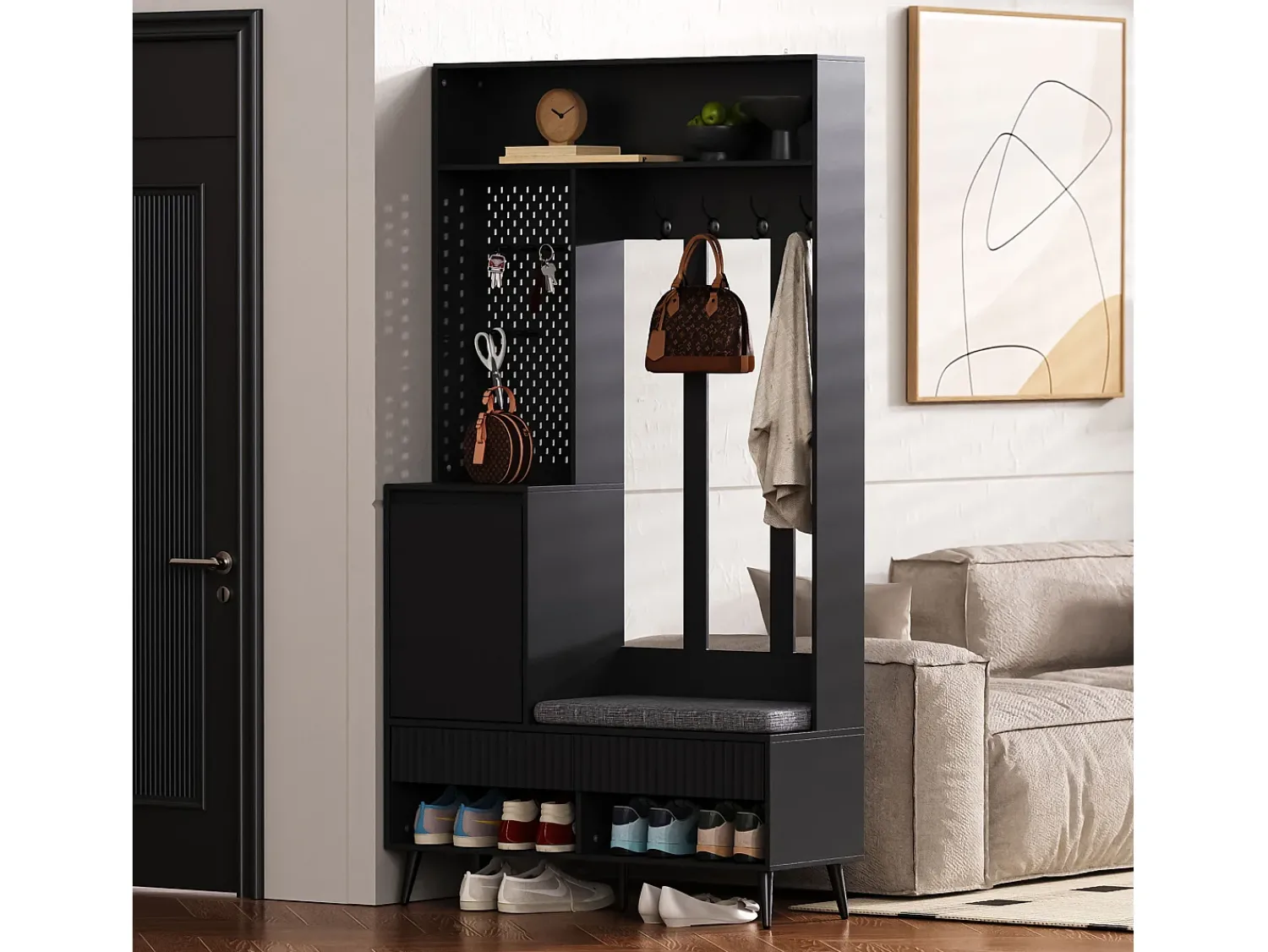 Discount Hauss Spole Roupeiro com 1 porta, 2 gavetas, 4 ganchos e 1 banco 100 x 35 x 180 cm Preto
