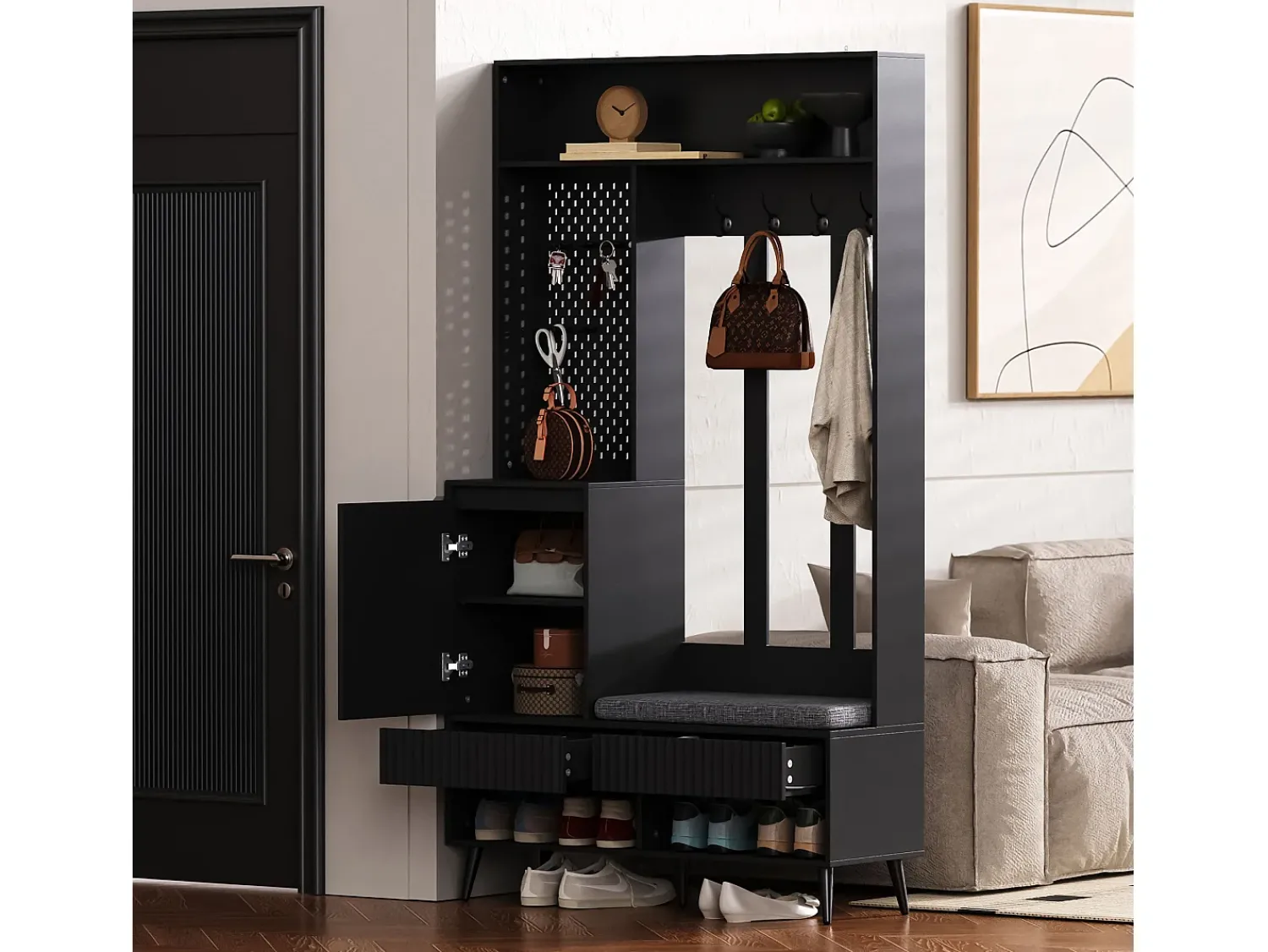 Discount Hauss Spole Roupeiro com 1 porta, 2 gavetas, 4 ganchos e 1 banco 100 x 35 x 180 cm Preto