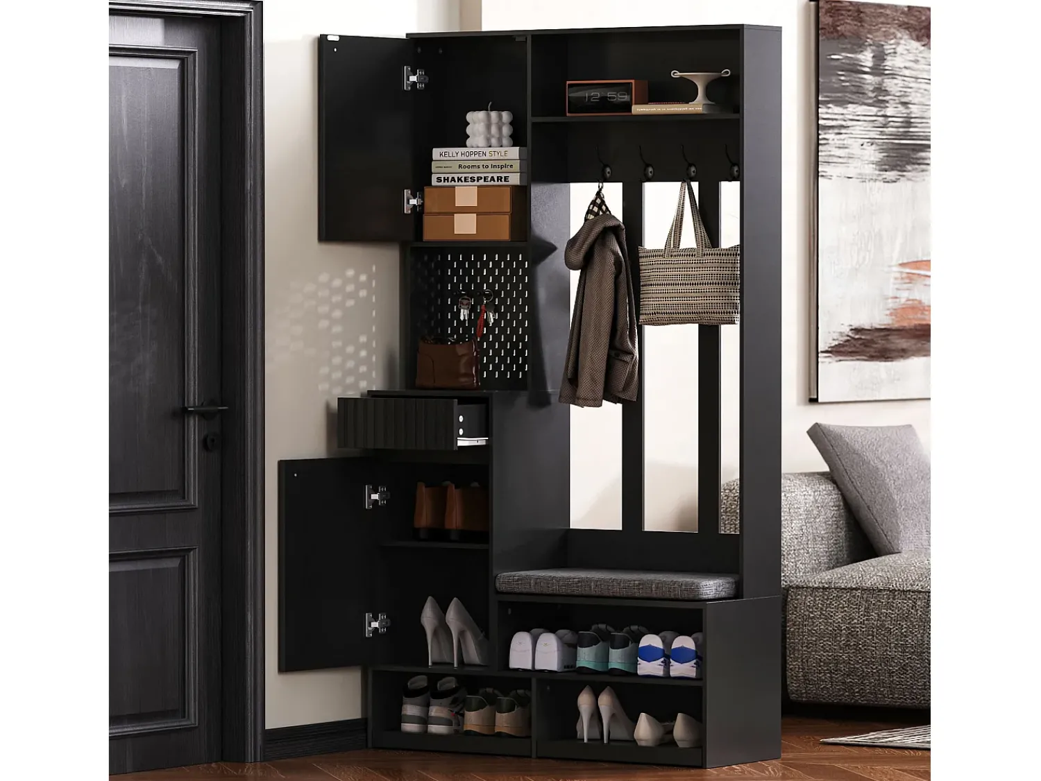Hauss Spole Roupeiro com 2 portas, 1 gaveta, 4 ganchos e 1 banco, 100x30x180cm^ Móvel De Entrada