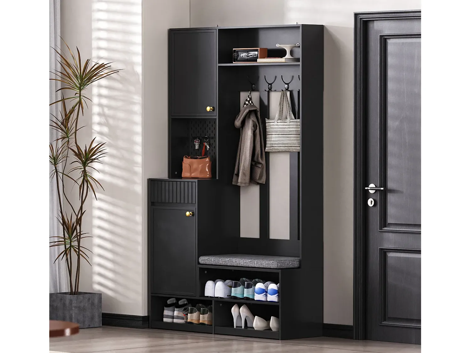 Hauss Spole Roupeiro com 2 portas, 1 gaveta, 4 ganchos e 1 banco, 100x30x180cm^ Móvel De Entrada