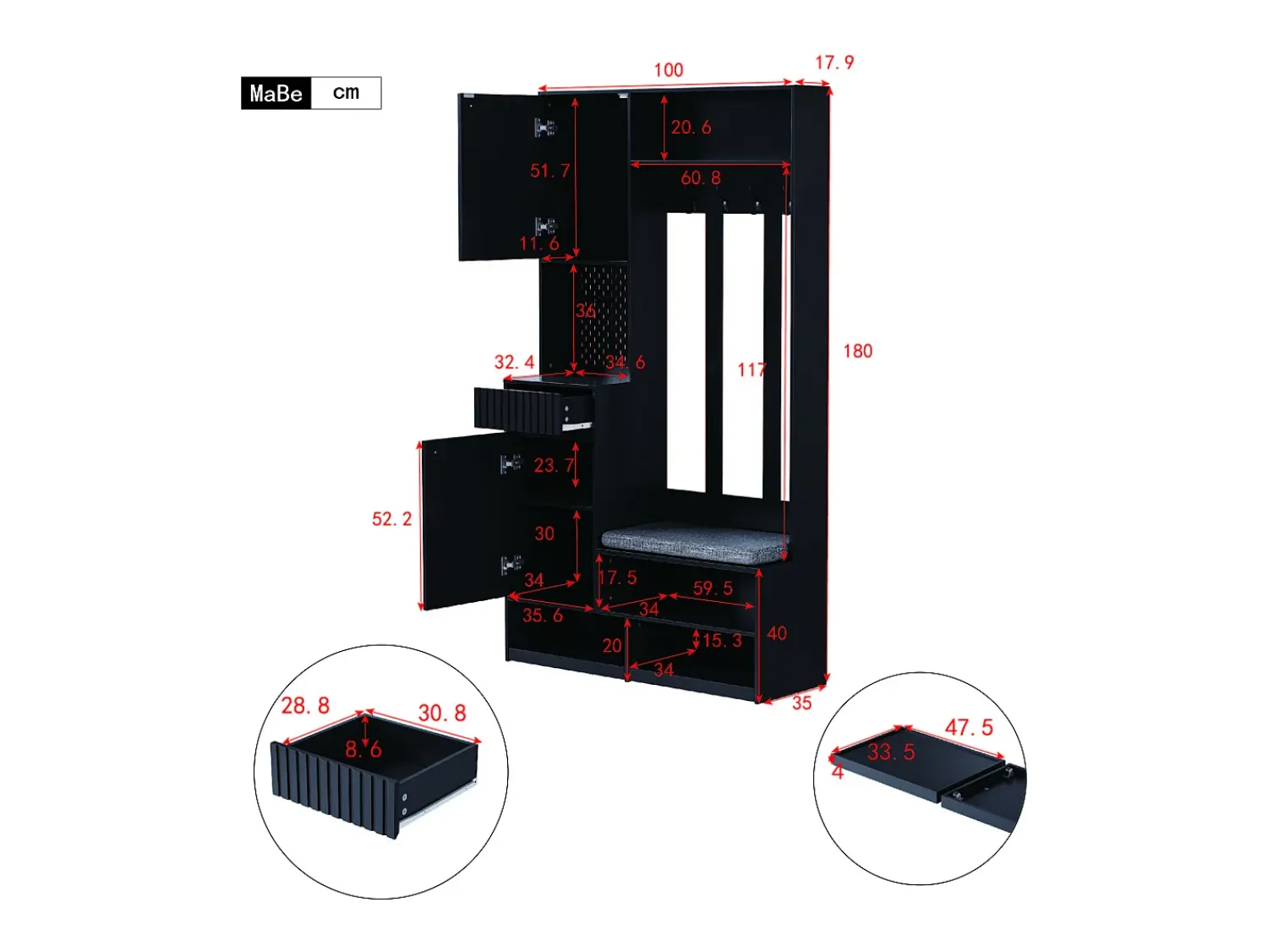 Hauss Spole Roupeiro com 2 portas, 1 gaveta, 4 ganchos e 1 banco, 100x30x180cm^ Móvel De Entrada